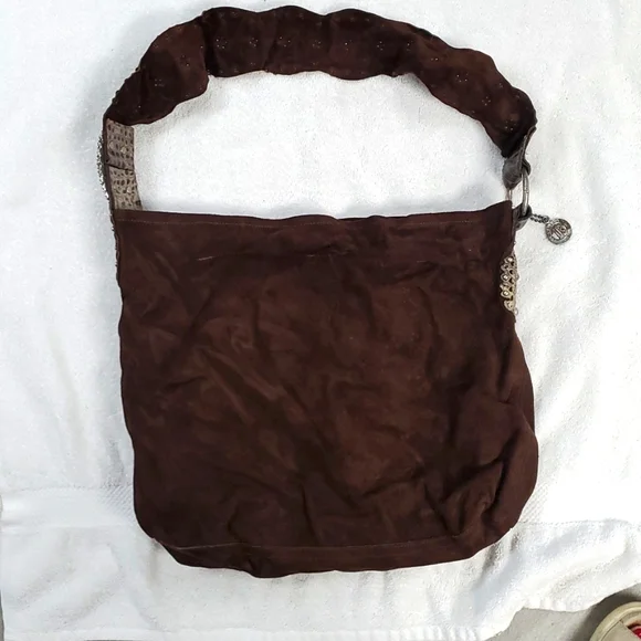Leatherrock USA brown hobo suede purse with decorative strap. - Picture 2 of 5